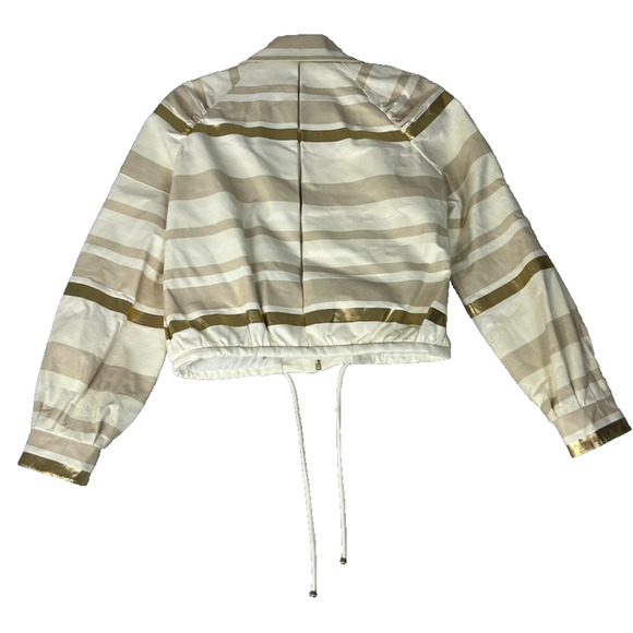 Chanel Lambskin Leather Jacket Women's Size 36 Beige & Gold Stripe Detail Zip - Picture 2 of 16